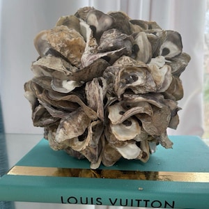 May include: A decorative sphere composed of numerous oyster shells, showcasing a mix of beige, brown, and white hues. The sphere rests on a turquoise book with gold accents and the text "LOUIS VUITTON".