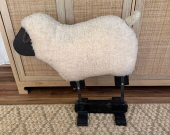 Handmade Life Size Lamb Sheep White Wool Fur Black Wood Decor Figurine 25 Tall