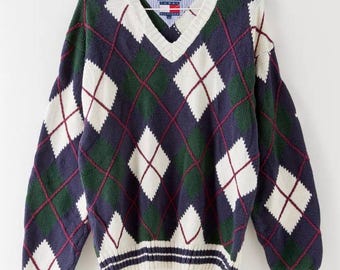 Vintage Tommy Hilfiger Argyle Heavyweight Men's Sweater Cotton Plaid Size XL