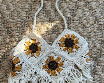 Vintage Handmade Toddler Crochet Sunflower Fringe Retro Hippie Tank Crop Top Boho size 3T 2T 4T