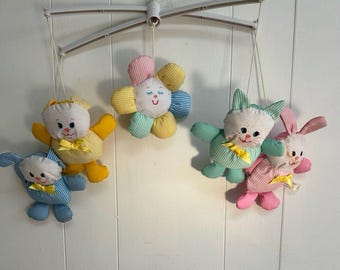 Vintage 1980s Century Prestige Baby Crib Mobile Plush Bear Flower Bunny Pastel