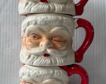 Vintage Handmade Christmas Winking Jewel Blue Eye Ceramic Santa Mug Antique Kitschy Decor Set of 3 1960s 1950s