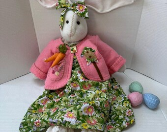 VTG Vintage 27 Sitting Large Long-Eared Easter Bunny Decor Plush Floral Handmade w/ Outfit Doll Stuffed Animal