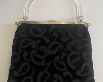 MCM 50s 60s Vintage Tapestry Velvet Lucite Black Reversible Handle Purse Handbag