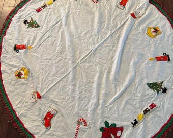 VTG Vintage 1950s Hand Sewn Felt Christmas Tree Skirt Tassel Large 74" Sequins, Beads, Appliques, Fringe Bells Trains Candy Canes