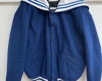 Vintage DeLONG Blue Letterman Varsity Letterman Jacket Snap Wool Sailor Collar XL