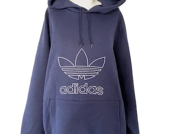 Vintage 90s adidas Hoodie Sweatshirt Oversize Embroidered Blue Trefoil Logo XL