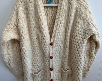 VTG Vintage Cream Beige  Cardigan John Molloy Sweater Men's Fisherman Wool Cable Knit Grandpa Ireland