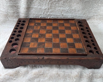 Vintage Antique Primitive Wooden Chess Board Box Hand Carved Walnut Checkered
