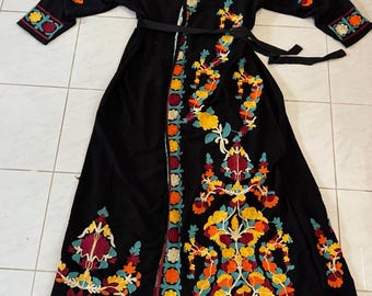 Vintage GONA Fashion Robe Maxi Pakistani Dress Sz 2 Small Cardigan Palestinian Jordanian Arabian Embroidered