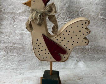 Vintage 90s Hand-Painted Wooden Farmhouse Rooster Heart Country Folk Art Decor