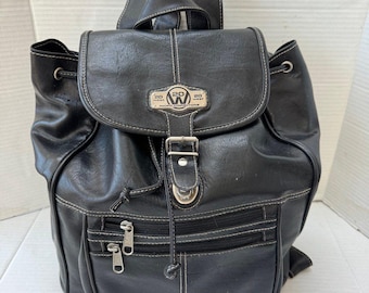 VTG Pacific Connections Genuine Leather Rucksack Backpack Black Travel 12" x 15"