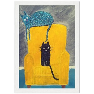 CUTE CATS A4 PRINT, Framed Wall Art Original Acrylic Kawaii Style Print, Startled Cats on Yellow Armchair, Ideal Gift For Cat Lover