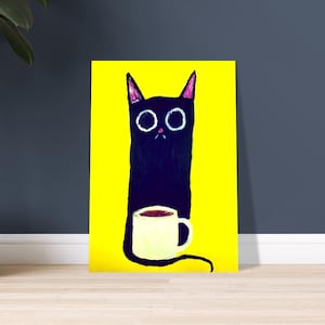 CAT With COFFEE PRINT, Original Acrylic Painting of Black Cute Cat & Hot Morning Coffee Available A4 A3 A2 Sizes, Cute Gift For Her