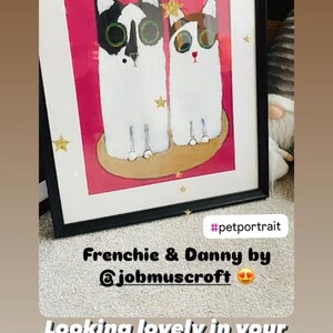 Może przedstawiać: Namalowany obraz dw&oacute;ch kot&oacute;w, jednego czarno-białego i jednego brązowo-białego, na r&oacute;żowym tle. Obraz nosi tytuł "Frenchie & Danny by @jobmuscroft" i zawiera hashtag #petportrait. Tekst "Looking lovely in your home" znajduje się pod obrazem.