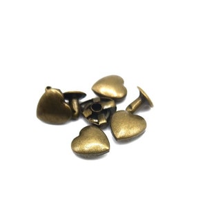 10mm Heart Rivets Antique Brass Finish, Double cap, for purse, bags, wallets, clothing, craft - 10mm (3/8") Heart by 6mm (1/4") post