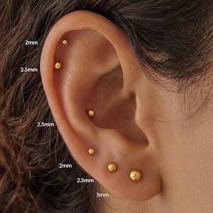 May include: A set of six gold ball stud earrings in various sizes, including 2mm, 2.5mm, and 3mm, arranged along the ear cartilage and lobe. Each earring features a smooth, polished spherical design with clearly labeled size measurements.