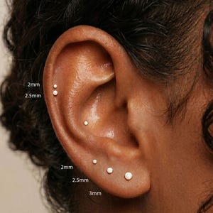 Peut inclure: Un ensemble de petites boucles d'oreilles &agrave; clous rondes et blanches port&eacute;es dans plusieurs piercings &agrave; l'oreille. Les clous sont &eacute;tiquet&eacute;s avec les tailles 2mm, 2,5mm et 3mm. Le bijou pr&eacute;sente un design circulaire simple avec une finition lisse.