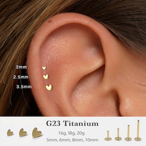 Könnte beinhalten: Drei goldfarbene herzförmige Ohrstecker in den Größen 2mm, 2,5mm und 3,5mm. Das Set enthält G23-Titan-Stäbe in den Stärken 16g, 18g und 20g mit Längen von 5mm, 6mm, 8mm und 10mm, dargestellt als flache Ohrstecker für Piercings.