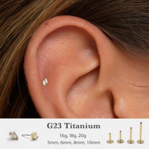 20G/18G/16G Two Baguette Push Pin Labret •  Threadless Flat Back Earring • Tragus Stud • Flat Back Stud • Helix Stud • Cartilage• Nose