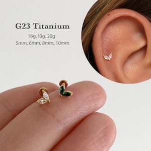 Pendientes de hoja de esmeralda de 20G/18G/16G con pasador a presión para labio • Pendiente de espalda plana sin rosca • Pendiente para trago • Pendiente de espalda plana • Pendiente para hélix • Pendiente para nariz