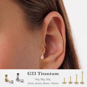 Labret à épingles pendant en forme de poire, 20 g/18 g/16 g • Boucle d'oreille sans filetage à dos plat • Clou tragus • Clou à l'arrière plat • Clou hélicoïdal • Cartilage • Nez