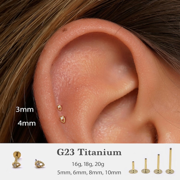20G/18G/16G Tiny Teardrop Push Pin Labret •  Threadless Flat Back Earring • Tragus Stud • Flat Back Stud • Helix Stud • Cartilage• Nose