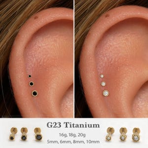 Op de afbeelding: Close-up van twee oren, elk met drie kleine oorbellen. Eén oor heeft zwarte stenen oorbellen met gouden zettingen. Het andere oor heeft heldere stenen oorbellen met gouden zettingen. De tekst "G23 Titanium" staat onder de oren.