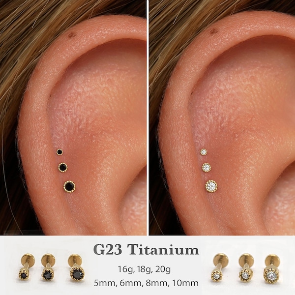 20G/18G/16G Bezel Cz-stift Trycknål Labret • Gängfri platt baksida • Tragusstift • Platt baksida • Helixstift • Broskstift • Nässtift