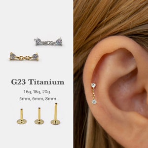 20G/18G/16G Cz Dangle Push Pin Labret •  Threadless Flat Back Earring • Tragus Stud • Flat Back Stud • Helix Stud • Cartilage Stud