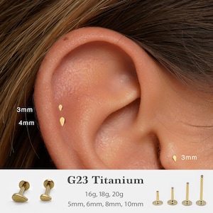 May include: Gold-colored G23 titanium earrings in various sizes, including a 3mm and 4mm teardrop shape. The image also shows the earring posts and sizes: 16g, 18g, 20g, and lengths of 5mm, 6mm, 8mm, and 10mm.