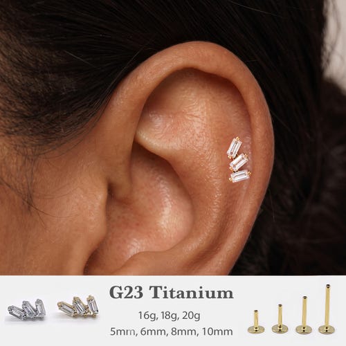 20G/18G/16G  Baguette Push Pin Labret •  Threadless Flat Back Earring • Tragus Stud • Flat Back Stud • Helix Stud • Cartilage Stud