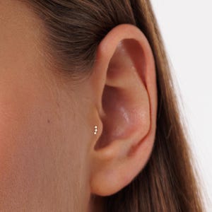 Pu&ograve; includere: Un orecchino da trago color oro con tre piccole pietre trasparenti allineate verticalmente. Il gioiello &egrave; posizionato sul trago di un orecchio, mostrando un design delicato con una finitura in metallo lucido e tre accenti scintillanti.