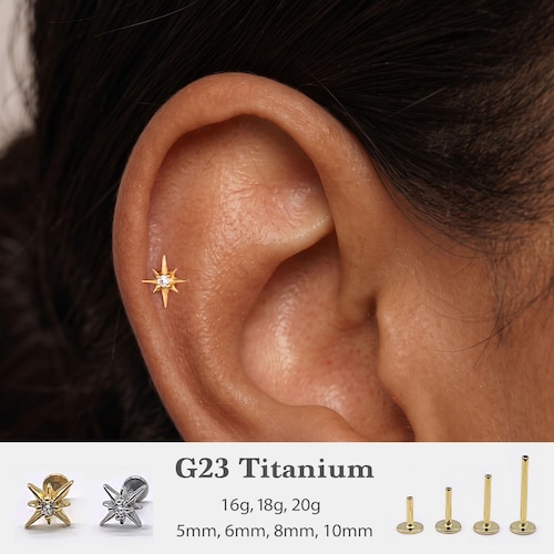 20G/18G/16G Starburst Push Pin Labret • Trådlöst örhänge med platt baksida • Tragusörhänge • Platt baksida • Helixörhänge • Broskörhänge • Stjärna