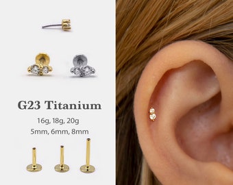 20G/18G/16G Tiny Push Pin Labret •  Two Stone Flat Back Earring • Tragus Stud • Flat Back Stud • Helix Stud • Cartilage • Nose Stud