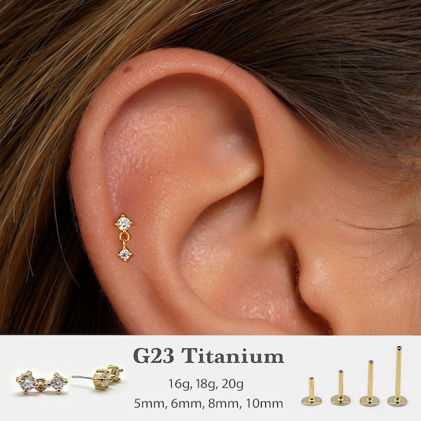 Labret con pasador colgante de circonita cúbica de 20 g/18 g/16 g • Pendiente de espalda plana sin rosca • Perno para trago • Perno para espalda plana • Perno para hélix • Perno para cartílago