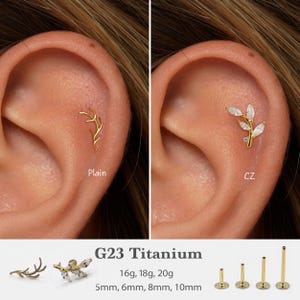 May include: Gold-colored titanium earrings, including a branch design and a leaf design with CZ stones, are shown in the image. The image also displays the sizes available: 16g, 18g, and 20g, with lengths of 5mm, 6mm, 8mm, and 10mm.