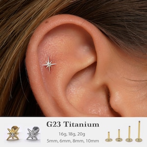 20G/18G/16G Cz Star Push Pin Labret •  Threadless Flat Back Earring • Tragus Stud • Flat Back Stud • Helix Stud • Cartilage Stud