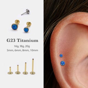 20G/18G/16G Blue Opal Push Pin Labret •  Threadless Flat Back Earring • Tragus Stud • Flat Back Stud • Helix Stud • Cartilage • Nose Stud