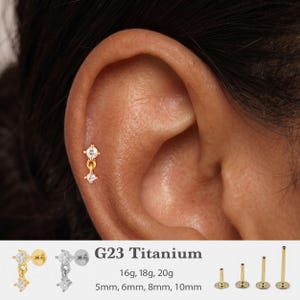 Labret colgante de circonita cúbica de 20G/18G/16G con pasador de presión • Pendiente plano sin rosca • Pendiente para tragus • Pendiente plano • Pendiente para hélix • Pendiente para cartílago