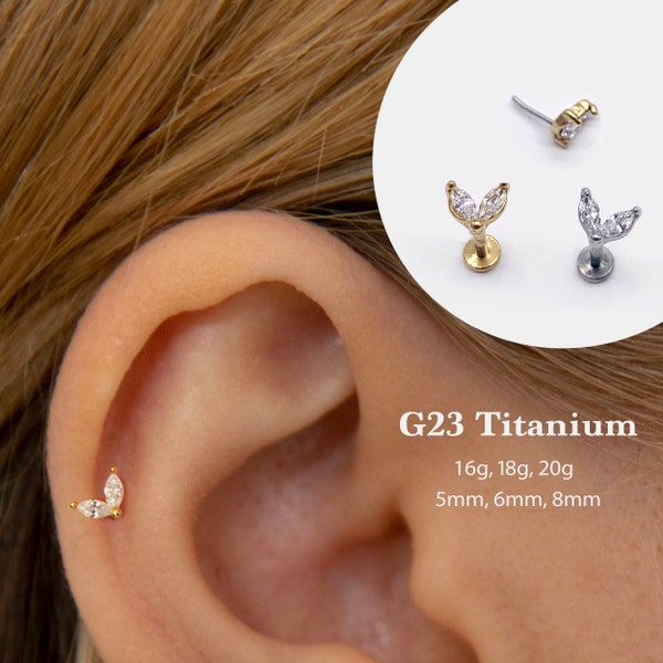 20G/18G/16G Cz Leaf Studs Push Pin Labret •  Threadless Flat Back Earring • Tragus Stud • Flat Back Stud • Helix Stud • Cartilage• Nose Stud