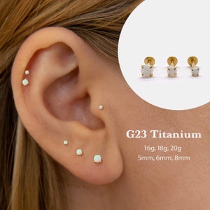 20G/18G/16G White Opal Push Pin Labret •  Threadless Flat Back Earring • Tragus Stud • Flat Back Stud • Helix Stud • Cartilage • Nose Stud