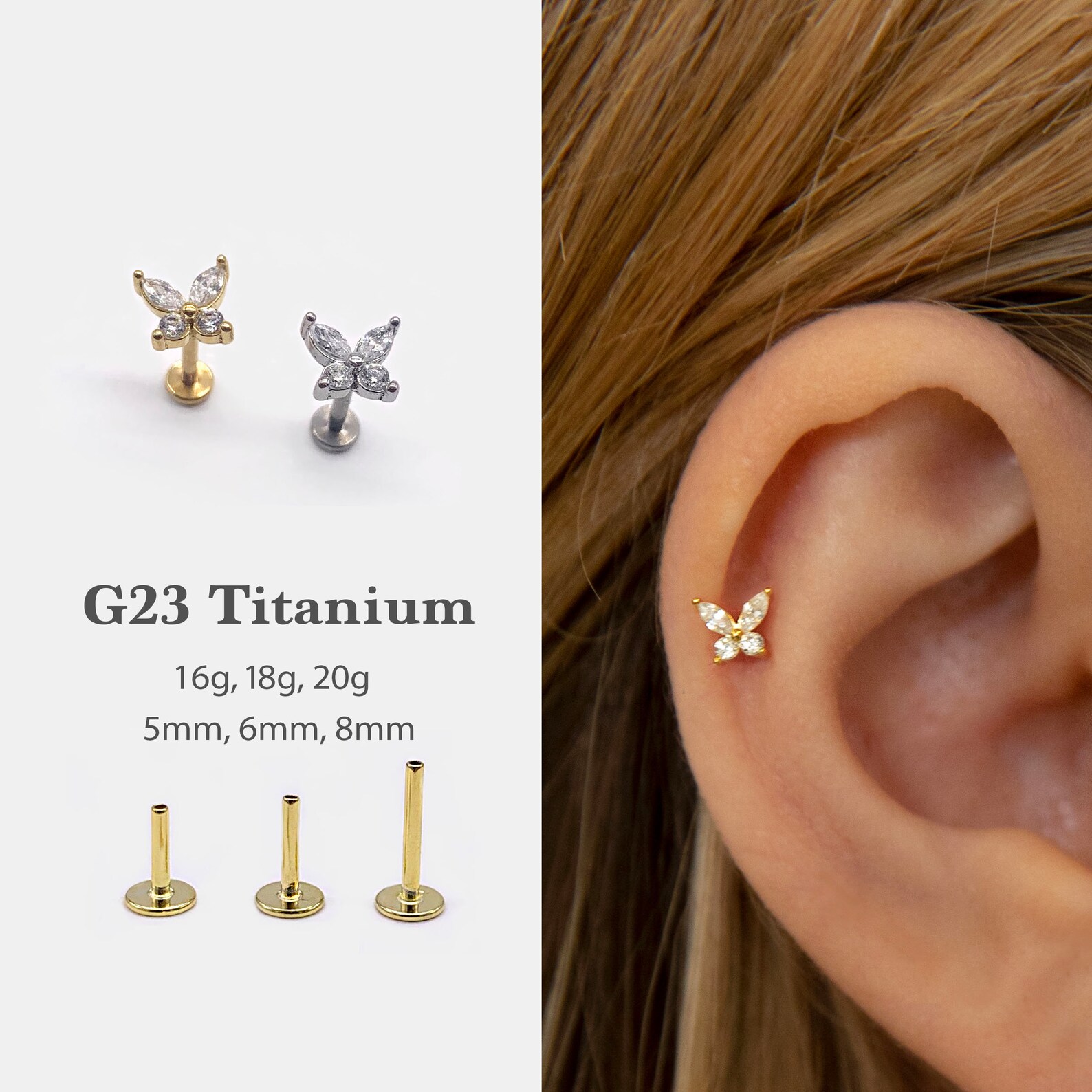 20G/18G/16G Butterfly Push Pin Labret Threadless Flat Back Etsy