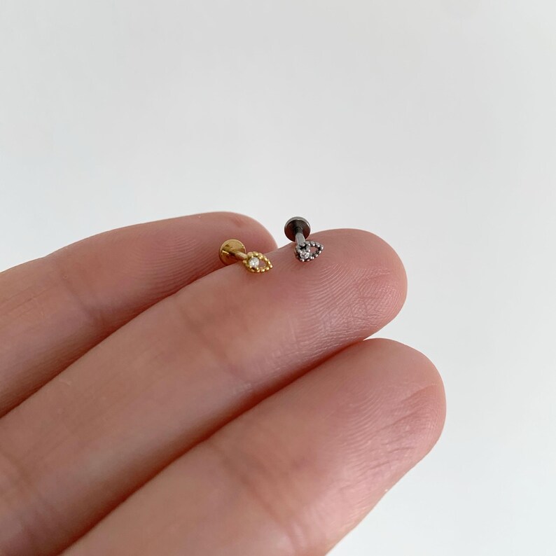 20G/18G/16G Tiny Teardrop Push Pin Labret • Threadless Flat Back Earring • Tragus Stud • Flat Back Stud • Helix Stud • Cartilage• Nose image 13