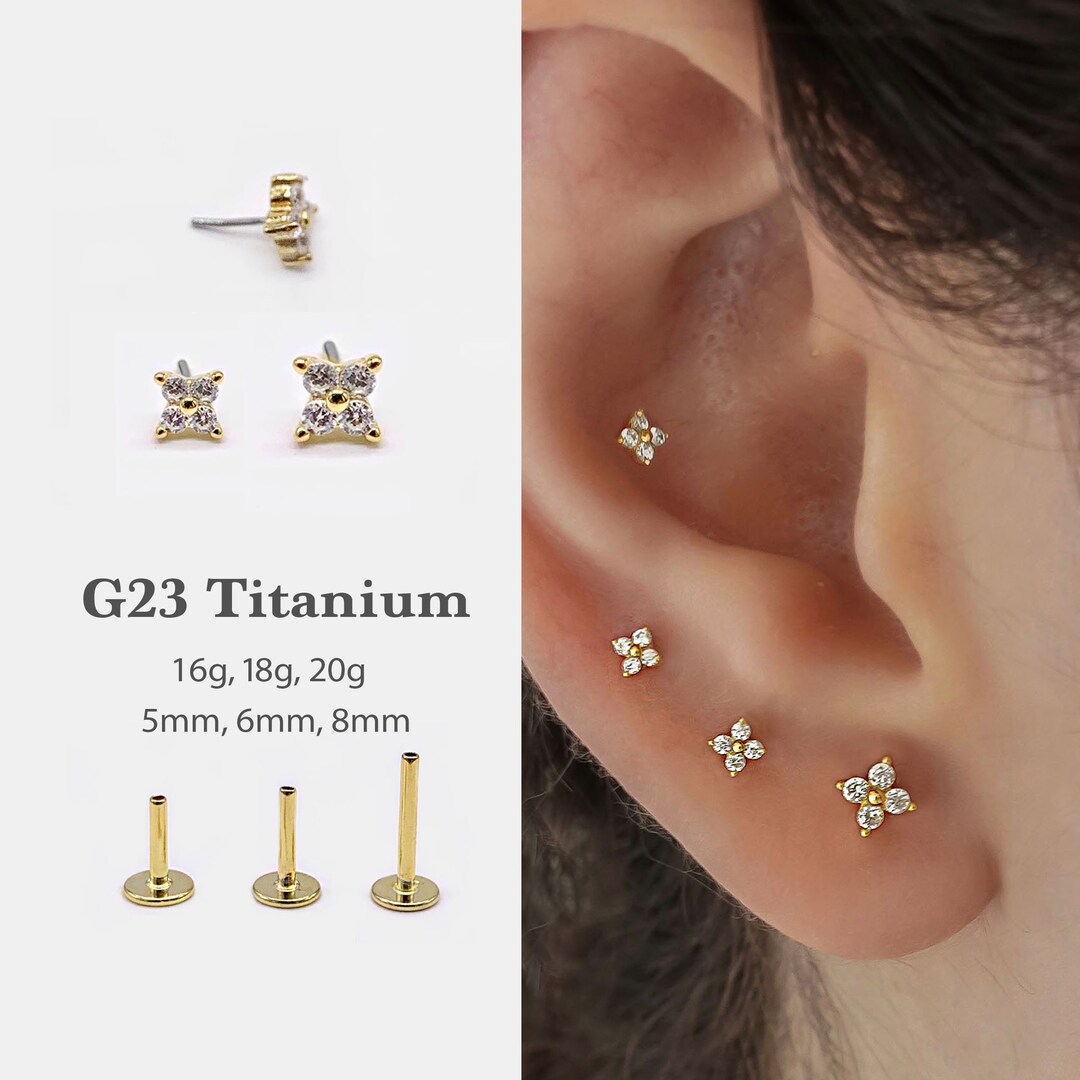 Gold Threadless Labret Flatback Studs For Nose, Helix, Tragus - 16g 18g 20g (Pair)
