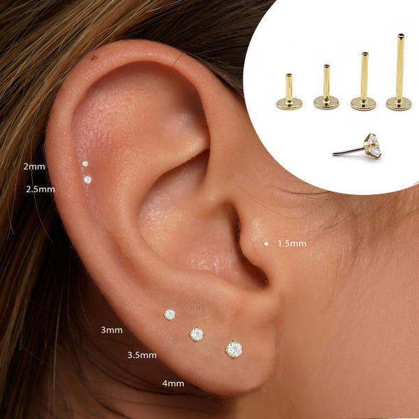 20G/18G/16G Tiny Cz Studs Push Pin Labret•  Threadless Flat Back Earring • Tragus Stud • Flat Back Stud • Helix Stud •Cartilage•Nose Stud