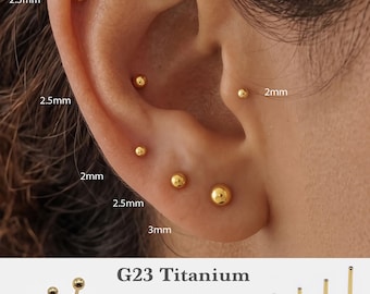 May include: Gold-coloured G23 titanium flat back stud earrings with ball ends in various sizes including 2mm, 2.5mm, and 3mm. The set includes posts in 16g, 18g, and 20g gauges with lengths of 5mm, 6mm, 8mm, and 10mm, shown in an ear and separately.
