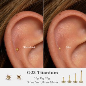May include: A gold-colored star-shaped stud earring in standard and slim designs, shown inserted in an ear. The text G23 Titanium, 16g, 18g, 20g, and 5mm, 6mm, 8mm, 10mm is printed below, alongside images of the star studs and four flat-back posts.