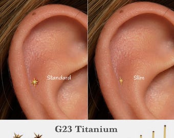 Labret con pasador de presión Starburst de 20G/18G/16G • Pendiente de espalda plana sin rosca • Perno para trago • Perno para espalda plana • Perno para hélix