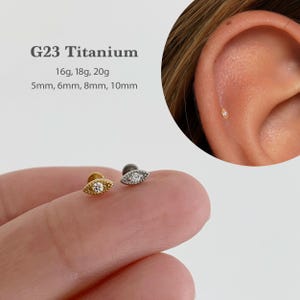 以下が含まれることがあります： G23チタン製の目型ピアス2つ。片方は金色、もう片方は銀色で、中央に宝石が付いています。「G23 Titanium」の文字と、16g、18g、20g、5mm、6mm、8mm、10mmのサイズが表示されています。片方のピアスが耳に装着されている様子も写っています。
